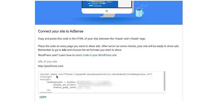 Connect Your website to AdSense Window